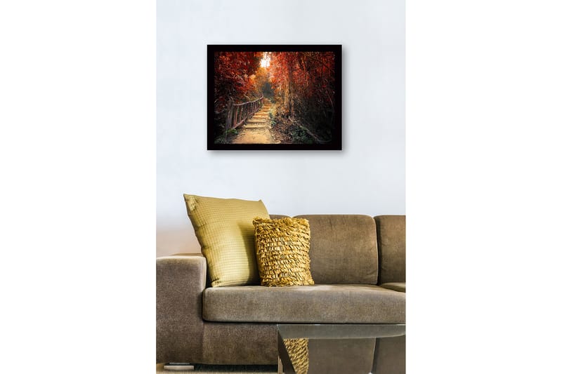 Indrammet trælærredstryk - 41x56 cm - Smuk sti gennem en efterårsfarvet skov - Rød / Orange / Brun - Boligtilbehør - Billeder & kunst
