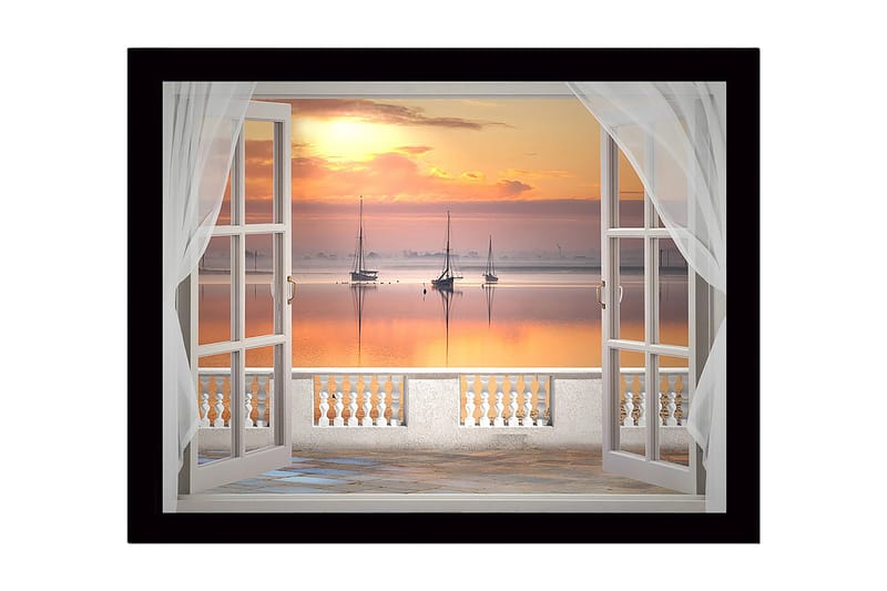 Indrammet trælærredstryk - 41x56 cm - Smuk udsigt over sejlbåde ved solnedgang gennem et åbent vindue, Orange / Pink / Blå
