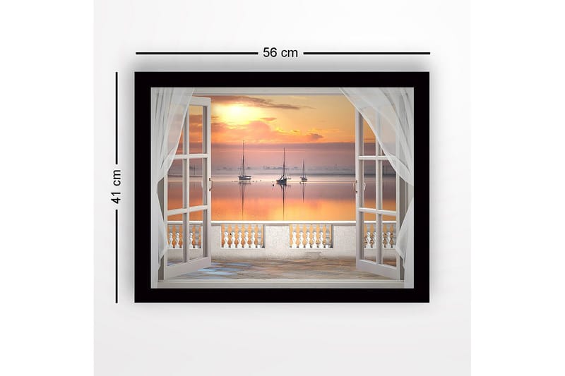 Indrammet trælærredstryk - 41x56 cm - Smuk udsigt over sejlbåde ved solnedgang gennem et åbent vindue - Orange / Pink / Blå - Boligtilbehør - Billeder & kunst
