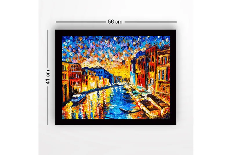 Indrammet trælærredstryk - 41x56 cm - Smuk venetiansk kanal ved solnedgang med farverige bygninger - Blå / Orange / Gul - Boligtilbehør - Billeder & kunst