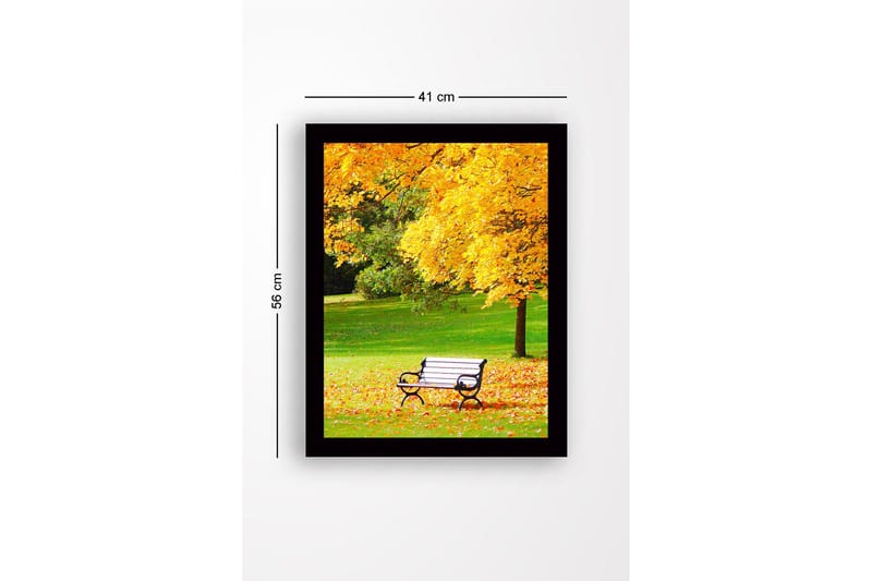 Indrammet trælærredstryk - 41x56 cm - Smuk parkbænk omgivet af gyldne efterårsblade - Guld / Grøn / Sort - Boligtilbehør - Billeder & kunst