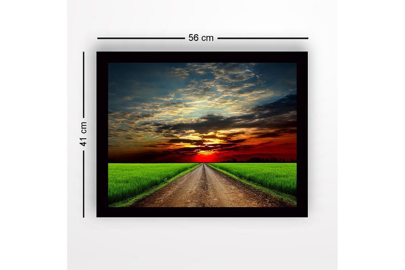 Indrammet trælærredstryk - 41x56 cm - Smukt landskab med en vej, der fører mod en solnedgang - Grøn / Orange / Blå - Boligtilbehør - Billeder & kunst