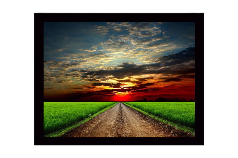 Indrammet trælærredstryk - 41x56 cm - Smukt landskab med en vej, der fører mod en solnedgang, Grøn / Orange / Blå