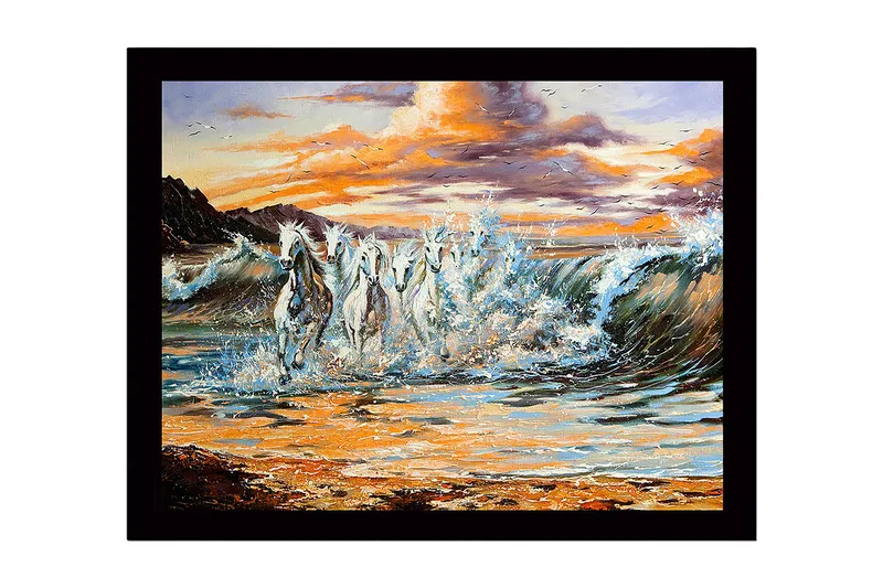 Indrammet trælærredstryk - 41x56 cm - Sprudlende heste galoperer gennem bølgerne ved solnedgang, Hvid / Blå / Orange