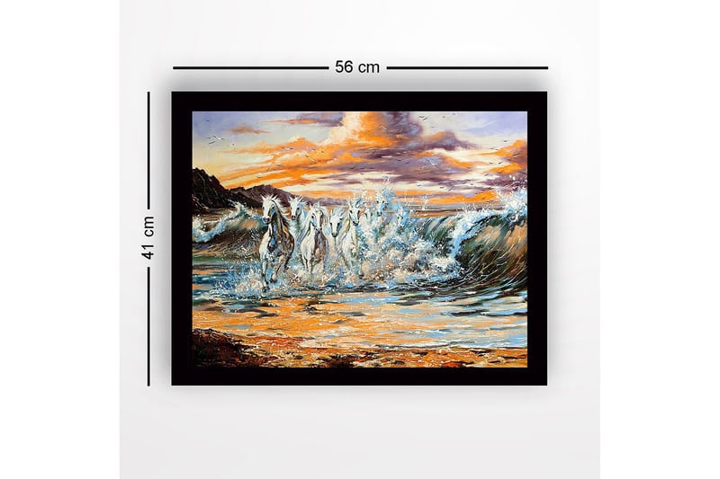 Indrammet trælærredstryk - 41x56 cm - Sprudlende heste galoperer gennem bølgerne ved solnedgang - Hvid / Blå / Orange - Boligtilbehør - Billeder & kunst