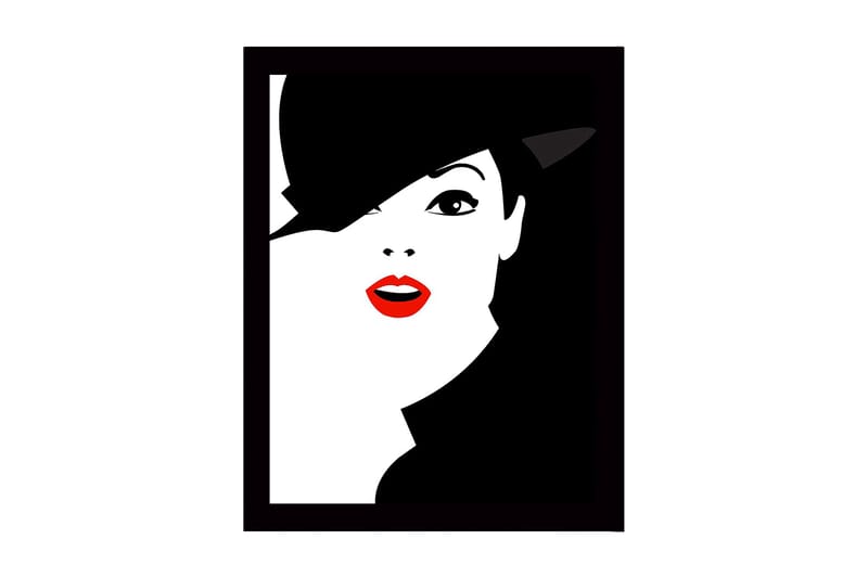 Indrammet trælærredstryk - 41x56 cm - Stiliseret portræt af en kvinde med hat og rød læbestift, Sort / Hvid / Rød