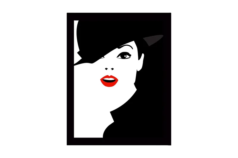 Indrammet trælærredstryk - 41x56 cm - Stiliseret portræt af en kvinde med hat og rød læbestift, Sort / Hvid / Rød