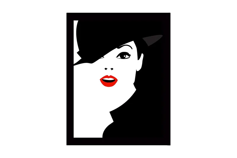 Indrammet trælærredstryk - 41x56 cm - Stiliseret portræt af en kvinde med hat og rød læbestift, Sort / Hvid / Rød