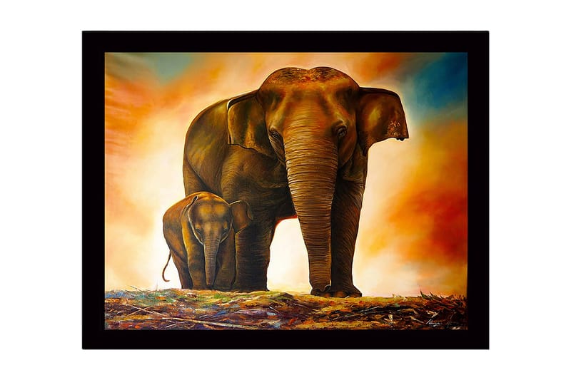 Indrammet trælærredstryk - 41x56 cm - Storslået elefant med en kalv, der står tæt på sin mor, Brun / Orange / Beige