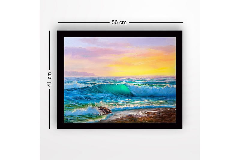 Indrammet trælærredstryk - 41x56 cm - Storslået havudsigt med bølger, der bryder mod kysten - Turkis / Blå / Orange - Boligtilbehør - Billeder & kunst