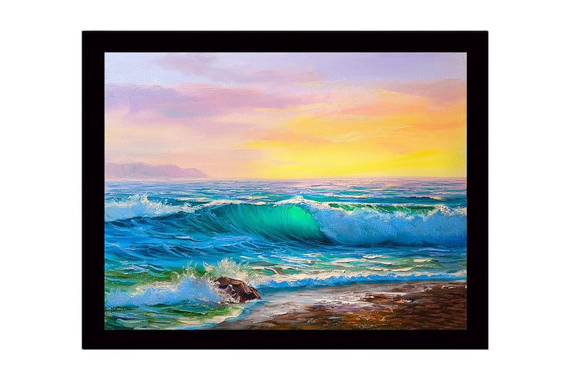 Indrammet trælærredstryk - 41x56 cm - Storslået havudsigt med bølger, der bryder mod kysten, Turkis / Blå / Orange