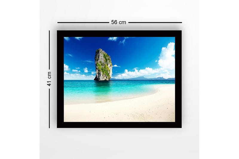 Indrammet trælærredstryk - 41x56 cm - Storslået klippe der rejser sig fra det turkisblå hav - Turkis / Blå / Grøn - Boligtilbehør - Billeder & kunst