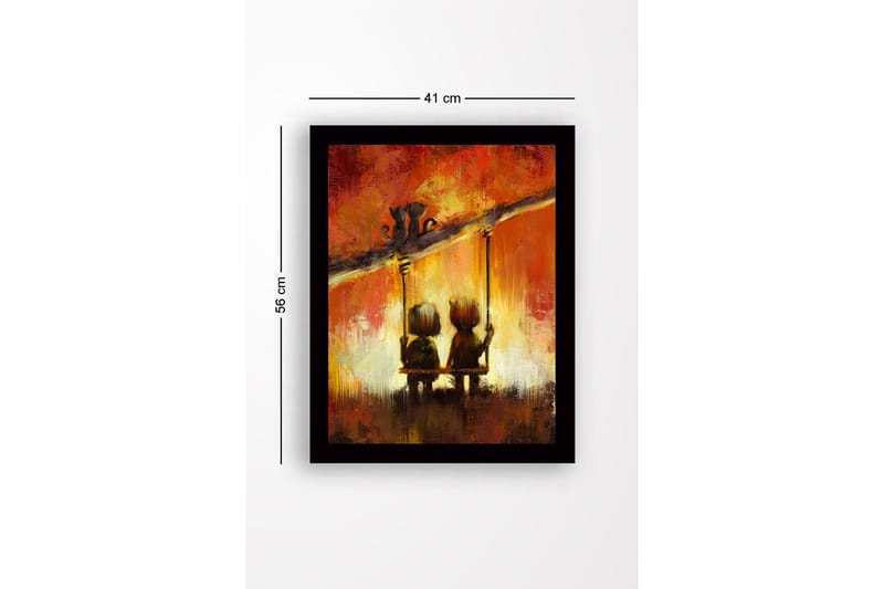 Indrammet trælærredstryk - 41x56 cm - To børn gynger sammen under en farverig himmel - Rød / Orange / Sort - Boligtilbehør - Billeder & kunst
