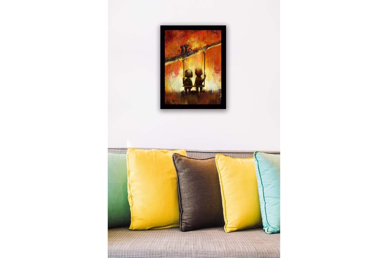 Indrammet trælærredstryk - 41x56 cm - To børn gynger sammen under en farverig himmel - Rød / Orange / Sort - Boligtilbehør - Billeder & kunst