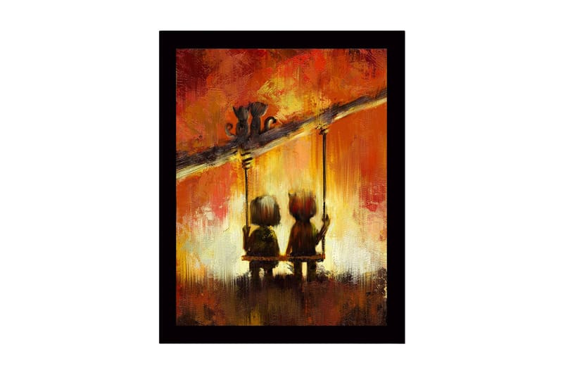 Indrammet trælærredstryk - 41x56 cm - To børn gynger sammen under en farverig himmel, Rød / Orange / Sort