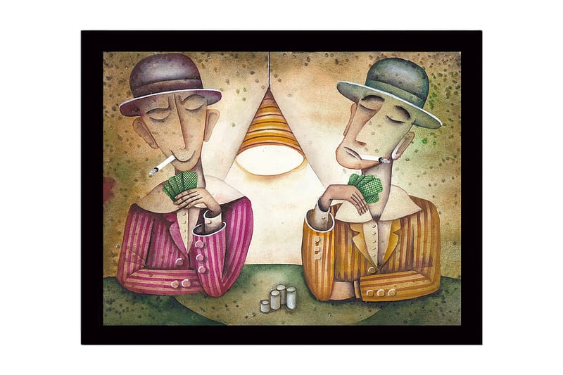 Indrammet trælærredstryk - 41x56 cm - To mænd spiller kort under en lampe, Grøn / Brun / Beige