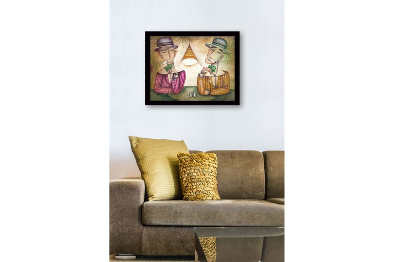 Indrammet trælærredstryk - 41x56 cm - To mænd spiller kort under en lampe - Grøn / Brun / Beige - Boligtilbehør - Billeder & kunst
