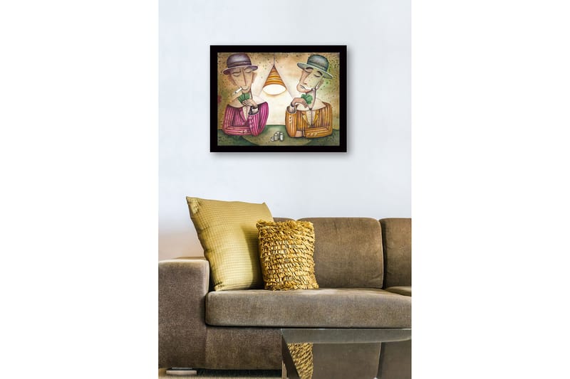 Indrammet trælærredstryk - 41x56 cm - To mænd spiller kort under en lampe - Grøn / Brun / Beige - Boligtilbehør - Billeder & kunst