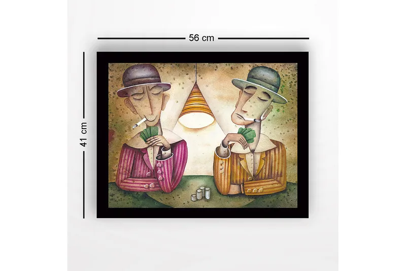 Indrammet trælærredstryk - 41x56 cm - To mænd spiller kort under en lampe - Grøn / Brun / Beige - Boligtilbehør - Billeder & kunst