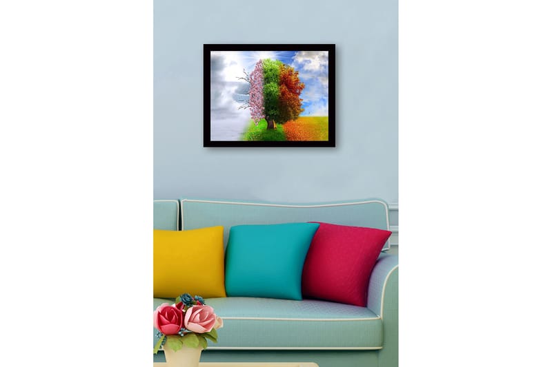 Indrammet trælærredstryk - 41x56 cm - Træer der repræsenterer de fire årstider i en harmonisk komposition - Lyserød / Grøn / Orange - Boligtilbehør - Billeder & kunst