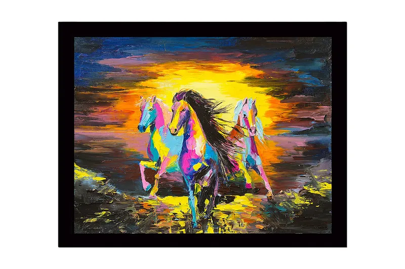 Indrammet trælærredstryk - 41x56 cm - Tre farverige heste galoperer mod en solnedgang, Gul / Blå / Lyserød