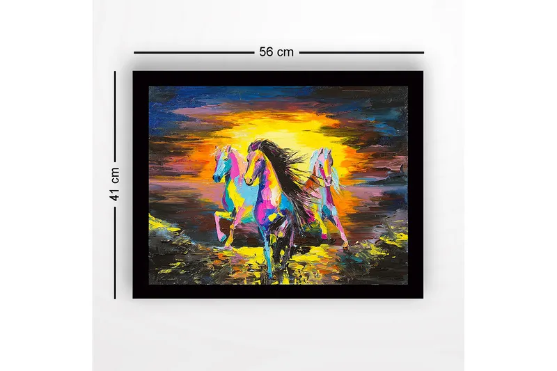 Indrammet trælærredstryk - 41x56 cm - Tre farverige heste galoperer mod en solnedgang - Gul / Blå / Lyserød - Boligtilbehør - Billeder & kunst