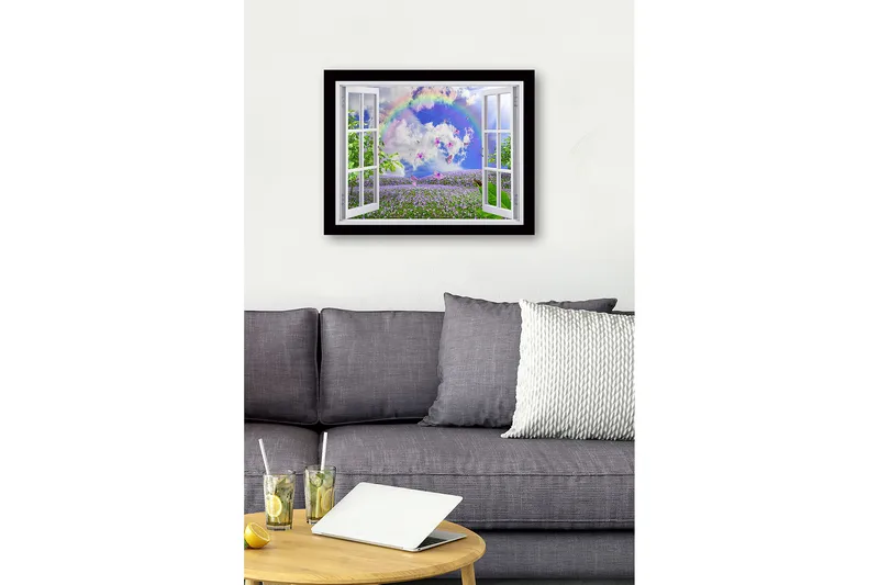 Indrammet trælærredstryk - 41x56 cm - Vindue med udsigt over en blomstrende eng med sommerfugle og en regnbue - Lilla / Grøn / Blå - Boligtilbehør - Billeder & kunst