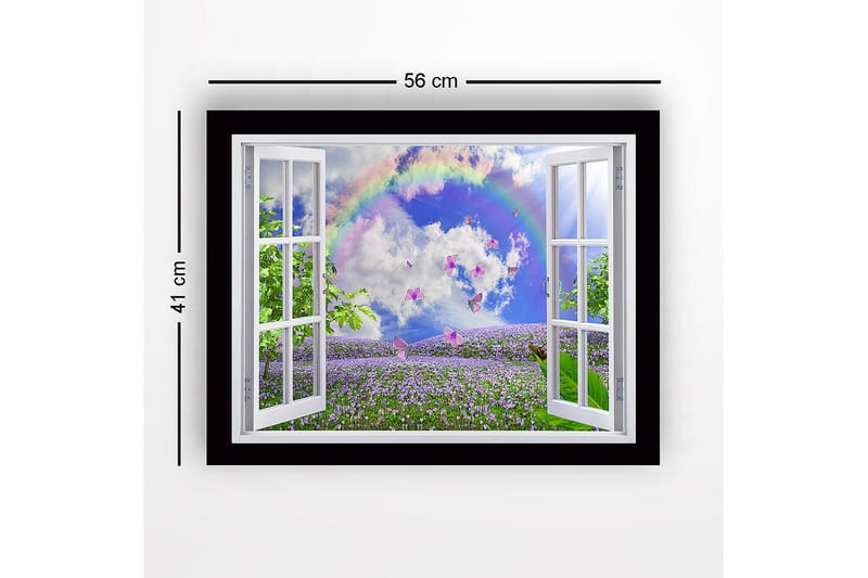 Indrammet trælærredstryk - 41x56 cm - Vindue med udsigt over en blomstrende eng med sommerfugle og en regnbue - Lilla / Grøn / Blå - Boligtilbehør - Billeder & kunst