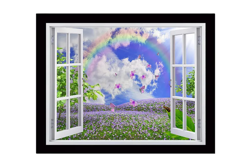 Indrammet trælærredstryk - 41x56 cm - Vindue med udsigt over en blomstrende eng med sommerfugle og en regnbue, Lilla / Grøn / Blå