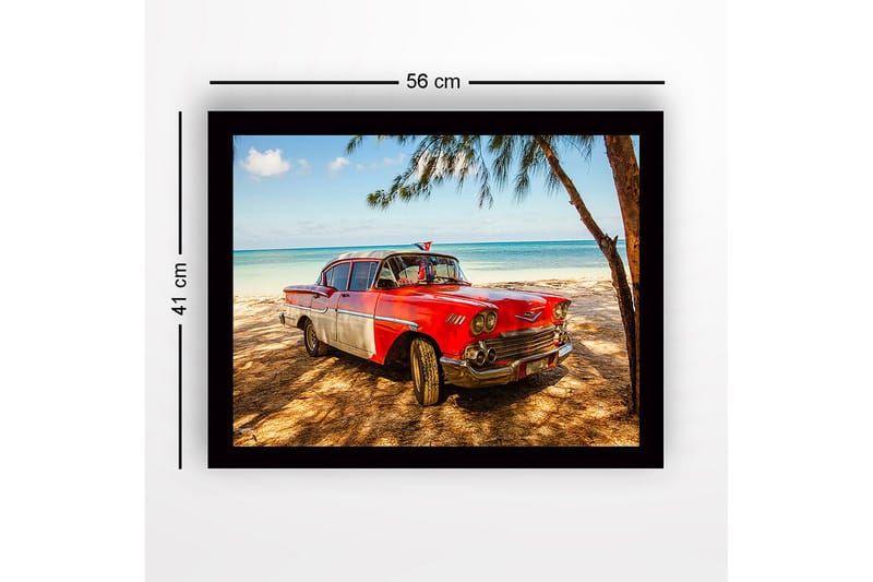 Indrammet trælærredstryk - 41x56 cm - Vintagebil på stranden med tropisk baggrund - Rød / Grå / Sort - Boligtilbehør - Billeder & kunst