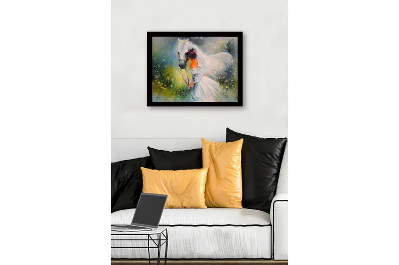 Indrammet trælærredstryk - 41x56 cm - Pige der fører en hvid hest på en blomstrende eng - Hvid / Grøn / Orange - Boligtilbehør - Billeder & kunst