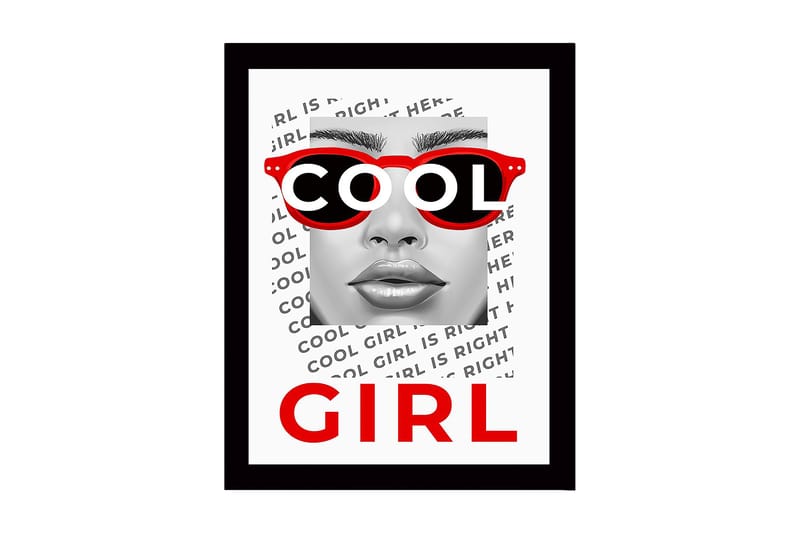 Indrammet trælærredstryk - 41x56 cm - Portræt af en kvinde med fede solbriller, Rød / Sort / Hvid