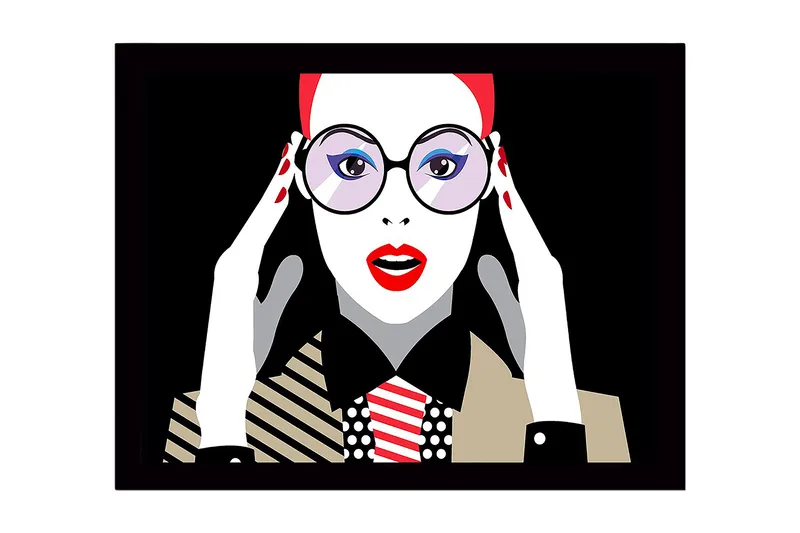 Indrammet trælærredstryk - 41x56 cm - Portræt af en kvinde med store briller og rød læbestift - Rød / Sort / Hvid - Boligtilbehør - Billeder & kunst