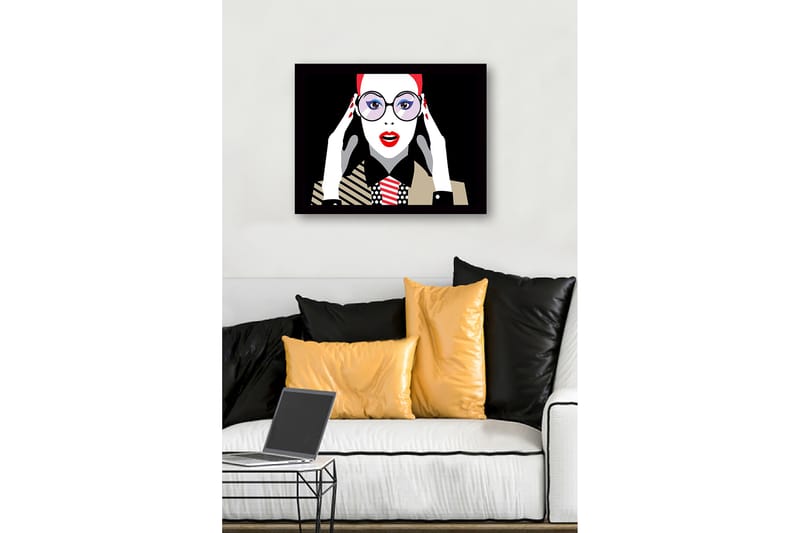 Indrammet trælærredstryk - 41x56 cm - Portræt af en kvinde med store briller og rød læbestift - Rød / Sort / Hvid - Boligtilbehør - Billeder & kunst