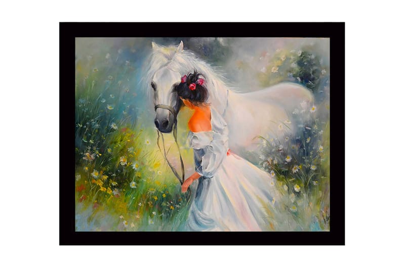 Indrammet trælærredstryk - 41x56 cm - Pige der fører en hvid hest på en blomstrende eng, Hvid / Grøn / Orange