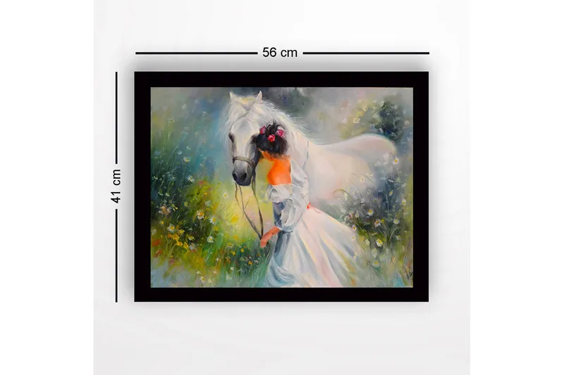 Indrammet trælærredstryk - 41x56 cm - Pige der fører en hvid hest på en blomstrende eng - Hvid / Grøn / Orange - Boligtilbehør - Billeder & kunst