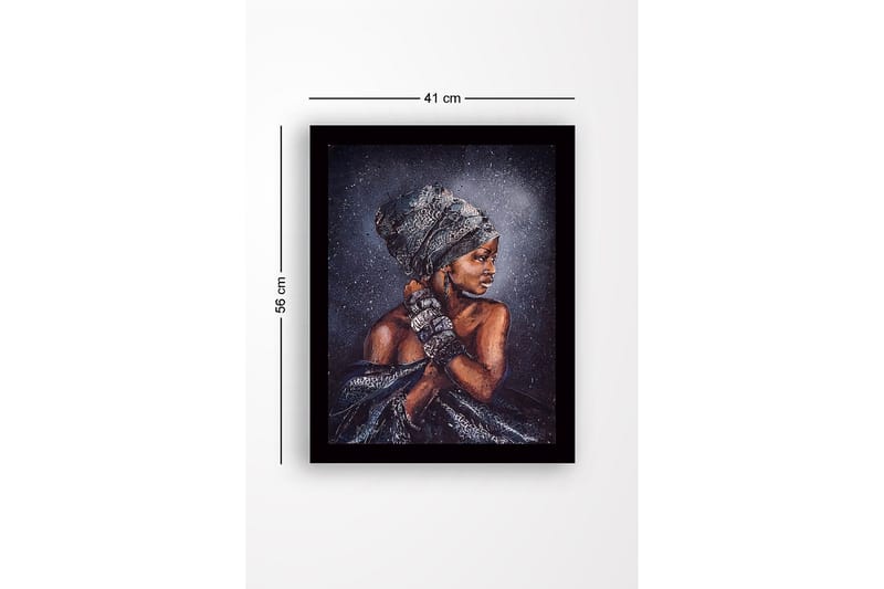 Indrammet trælærredstryk - 41x56 cm - Portræt af en kvinde med traditionelt hovedtørklæde og smykker - Mørkebrun / Grå / Sort - Boligtilbehør - Billeder & kunst