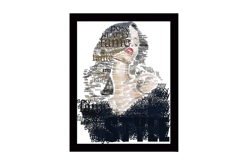 Indrammet trælærredstryk - 41x56 cm - Portræt af en kvinde omgivet af ord, der beskriver skønhed og stil, Sort / Beige / Brun