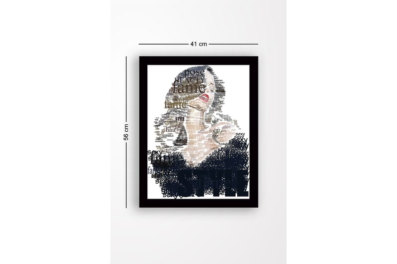 Indrammet trælærredstryk - 41x56 cm - Portræt af en kvinde omgivet af ord, der beskriver skønhed og stil - Sort / Beige / Brun - Boligtilbehør - Billeder & kunst
