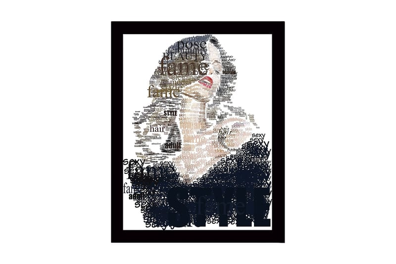 Indrammet trælærredstryk - 41x56 cm - Portræt af en kvinde omgivet af ord, der beskriver skønhed og stil, Sort / Beige / Brun
