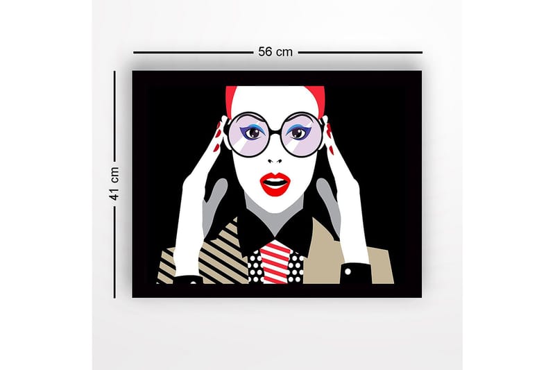 Indrammet trælærredstryk - 41x56 cm - Portræt af en kvinde med store briller og rød læbestift - Rød / Sort / Hvid - Boligtilbehør - Billeder & kunst