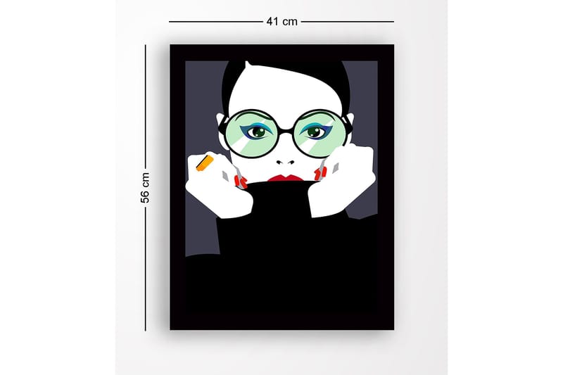 Indrammet trælærredstryk - 41x56 cm - Portræt af en kvinde med store briller og rød læbestift - Sort / Hvid / Grøn - Boligtilbehør - Billeder & kunst