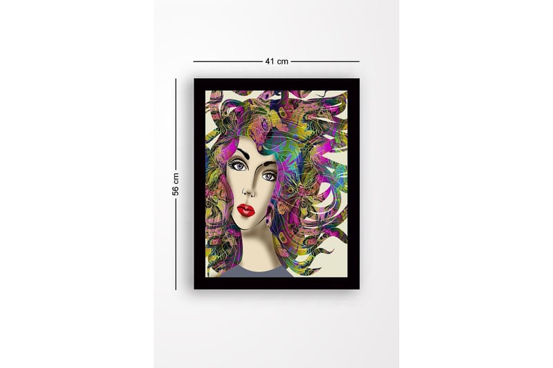 Indrammet trælærredstryk - 41x56 cm - Portræt af en kvinde med farverigt, flagrende hår - Lilla / Grøn / Lyserød - Boligtilbehør - Billeder & kunst