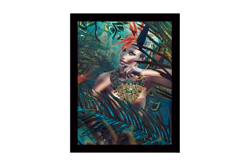 Indrammet trælærredstryk - 41x56 cm - Portræt af en kvinde omgivet af tropiske planter med en detaljeret halskæde - Turkis / Grøn / Orange - Boligtilbehør - Billeder & kunst