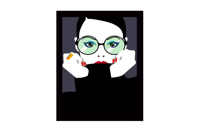 Indrammet trælærredstryk - 41x56 cm - Portræt af en kvinde med store briller og rød læbestift, Sort / Hvid / Grøn