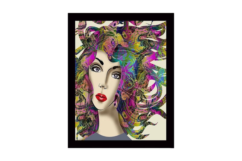 Indrammet trælærredstryk - 41x56 cm - Portræt af en kvinde med farverigt, flagrende hår, Lilla / Grøn / Lyserød
