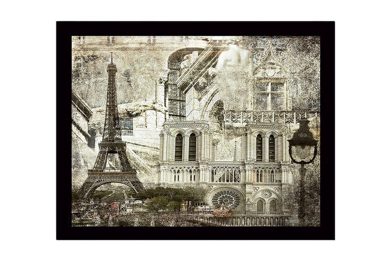 Indrammet trælærredstryk - 41x56 cm - Parisisk bybillede med ikoniske bygninger, Grå / Sort / Hvid