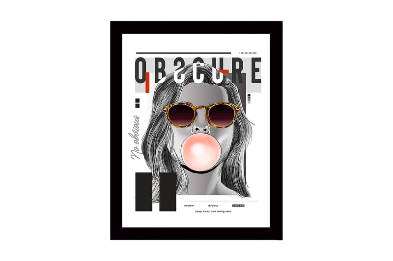 Indrammet trælærredstryk - 41x56 cm - Portræt af en kvinde med solbriller, der puster tyggegummi, Grå / Sort / Beige