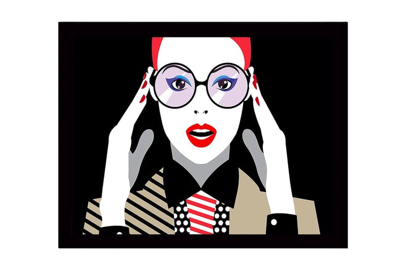 Indrammet trælærredstryk - 41x56 cm - Portræt af en kvinde med store briller og rød læbestift, Rød / Sort / Hvid