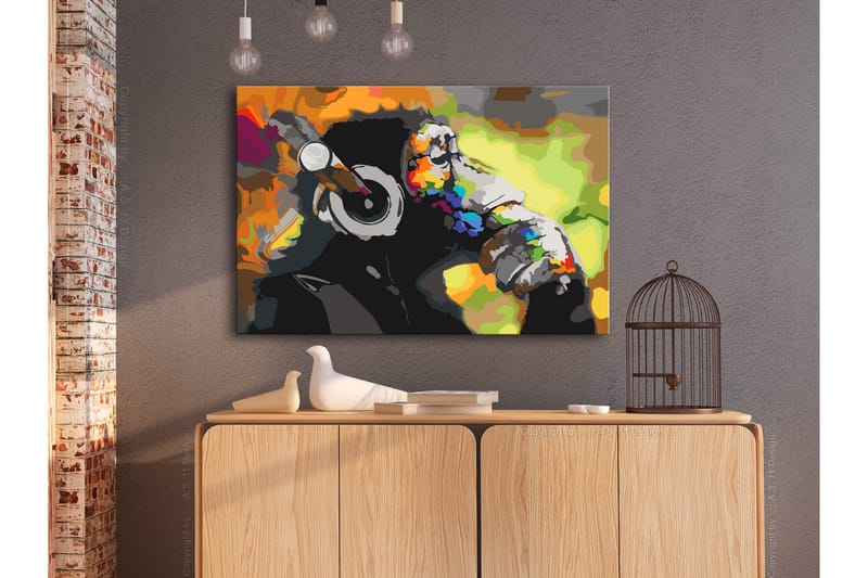 Gør-det-selv-maleri Aber i hovedtelefoner 60x40 cm - Artgeist sp. z o. o. - Boligtilbehør - Billeder & kunst - Mal selv